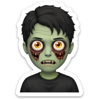 a boy with wavy hair, a zombie-shaped mouth piercing hum, and black hair with a black shirt too sticker