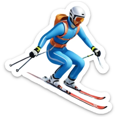 An icon featuring snowy peaks, pine trees, and a picturesque mountain landscape with a skier racing down a snow-covered slope, The sky is blue with soft clouds, capturing the thrill and beauty of alpine skiing. Transparent background highlights the excitement and serenity of winter sports. sticker