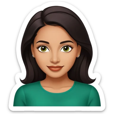 Professional portrait of Lynette Torres, Puerto Rican actress with radiant medium brown skin, charismatic expression, bright dark eyes, beautifully shaped eyebrows, charming smile, long sleek dark hair, wearing an elegant green top sticker