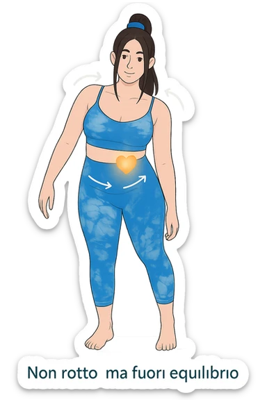 a woman stands in a relaxed pose, with a gentle, confident expression. Her body is shown with subtle, curved lines or arrows indicating areas of imbalance (such as a slight tilt in the shoulders or hips), but no signs of injury or damage. A soft glow or heart symbol at her core emphasizes resilience and the message “Non rotto, ma fuori equilibrio” The background is clean and clinical, with light blue tones. sticker