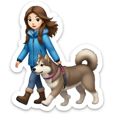 A girl with long brown hair walks an Alaskan sticker