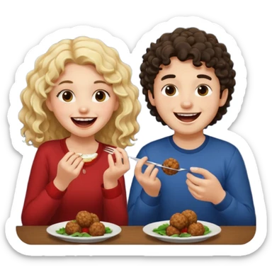 Ragazza bionda leggermente riccia e lunghi che ride ad un ragazzo con i capelli ricci scuri mentre mangia polpette sticker