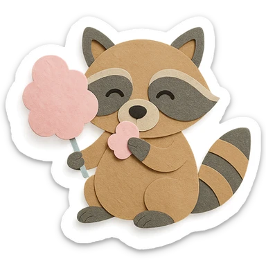 raccoon eating cotton candy, paper craft style sticker