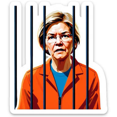 Make a picture of Senator Elizabeth Warren wearing an orange jumpsuit and behind bars make her look worried  sticker