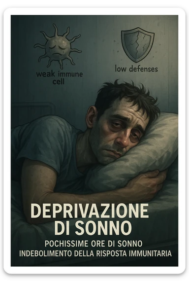 vertical realistic cinematic illustration of a man who sleeps very few hours, visibly tired in bed, with a weakened immune system represented by weak immune cells and low defenses, clinical atmosphere with dramatic lighting, Italian captions, aspect ratio 2:3 sticker