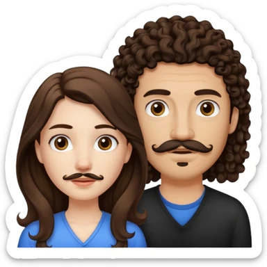 Couple emoji: girl is pale with brown straight long hair and boy is tan with black curly hair with a mustache and a goatee sticker