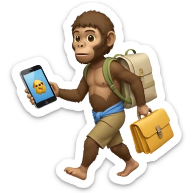 Draw an Australopithecus walking like a nomad, carrying a cloth bundle on its back and holding an iPhone in one hand and an open laptop (screen visible) in the other, in a cute flat iPhone emoji style sticker