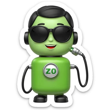 A cute 3D icon of a green gas pump character wearing oversized black sunglasses. Round and chubby proportions, glossy toy-like texture, soft pastel lighting, friendly expression, smooth edges, high-quality render, isolated on a transparent background. sticker