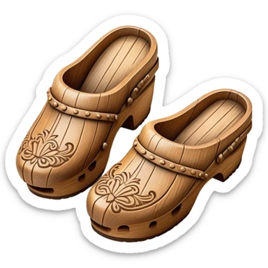 Cinematic Realistic Wooden Clogs Emoji, depicted as a pair of traditionally carved weathered wooden clogs with intricate details and rustic charm, rendered with rich textures and warm natural lighting that captures their cultural heritage. sticker