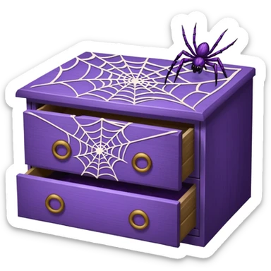 purple spider webs on an open drawer with dusted stuff sticker