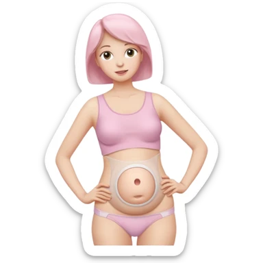  a woman, mid 60, focus on belly, wearing an ostomy bag sticker