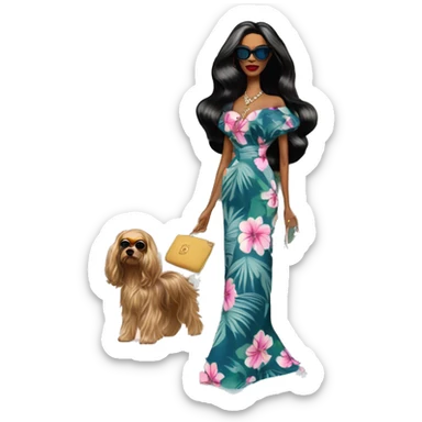 Palm Beach Breeze Barbie, teen Morticia Addams ,walking by the pool, white skin, full body visible, wavy hair,handbag, aloof,eyeshadow,earrings,open flowing floral caftan,small 2 piece, sunglasses on top,heels,holding yorkie Miss Thang sticker