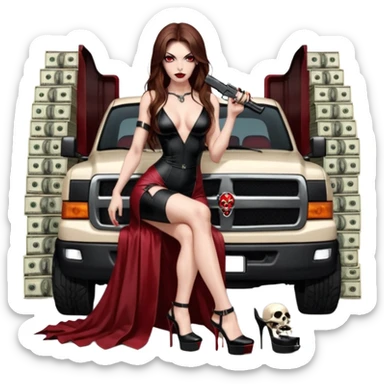 Lilith symbol red eye seductress evil long brown haired sexy succubus woman with leather long dress with slit, sitting in Big Large F350 pickup truck. Black Platform high heels on feet. Back of truck full of stacks of cash, sitting behind her is  a human skull with a gun in other hand sticker