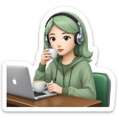 A Korean girl at a dive bar with a laptop and headphones with coffee watchin a korean drama the clothes in sage green sticker