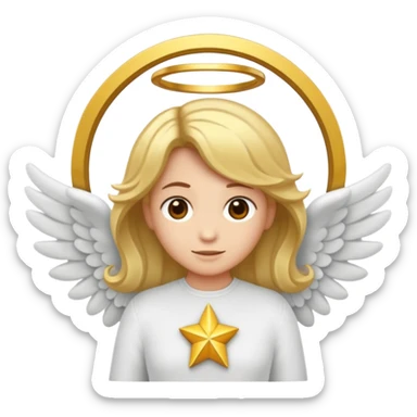 "Um emoji de anjo com cabelos loiros, um halo, asas, segurando um sinal de 'compartilhar' em letras em negrito." sticker