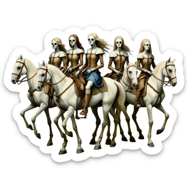 cinematic - aesthetic brilliant divine lighting, oil paint - ivory Four thin women as riders of the Apocalypse, after a graphic by Albrecht Dürer in a desolate landscape on horse skeletons sticker