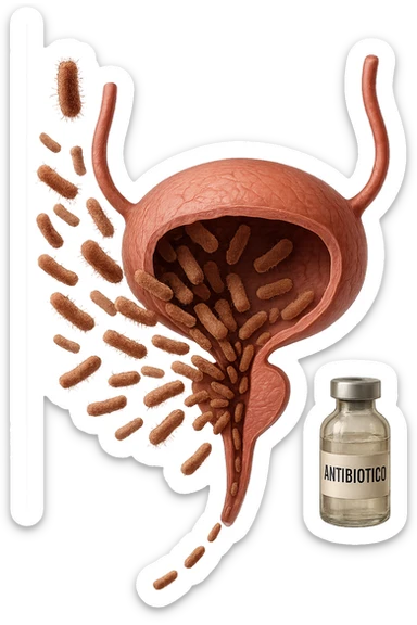 batteri intestinali che migrano ed entrano in una vescica anatomica realistica per infettarla, davanti a lei fluttua una boccetta con la scritta "ANTIBIOTICO", iperrealistico 4k sticker