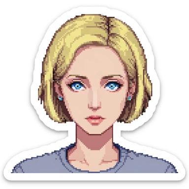 Mrs. Maria, math and artificial intelligence teacher, no glasses, thin nose, blonde eyebrows, blonde bob hair, blue eyes sticker