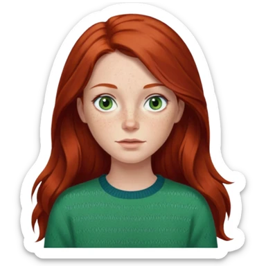 woman with long dark auburn red hair that is mostly straight but has slight waves to it. grey blue eyes. some freckles. wearing a Swedish style sweater that is green.  sticker