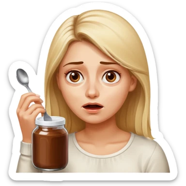 Nutella with a spoon. The glas of Nutella is almost empty . Only the one carriage of Nutella. Next to the Nutella is the head of a blond woman who is desperate to eat the Nutella  sticker