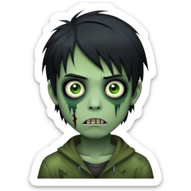 boy zombie with black medium-long emo hair, dark and spooky, green skin, creepy expression sticker