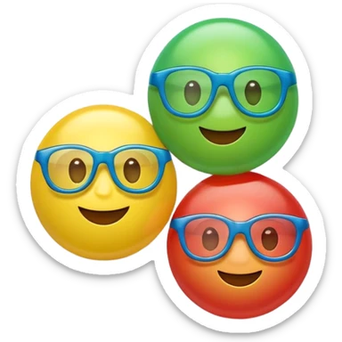 Cute 3D cartoon emoji sticker of a plastic glasses and ball game with three glossy 3 plastic glasses (blue, green, red) and a yellow ball, soft lighting, smooth shadows, playful, white sticker outline, transparent background, high resolution. sticker