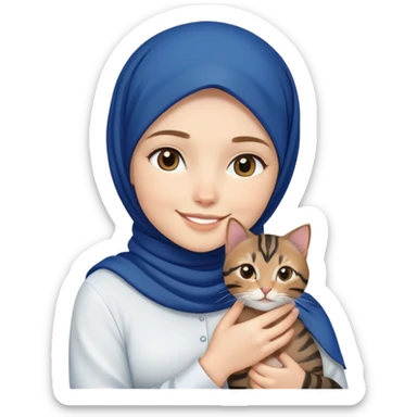 White girl wearing dark blue hijab with white shirt smiling while holding a black browntabby cat sticker