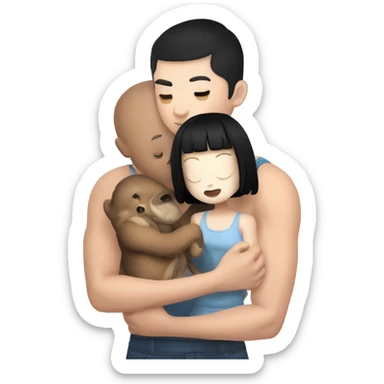 black haired but white skin girl holding a plushie while being kissed in the head by her white skin strong muscular bf who has short hair like a buzz cut u sticker