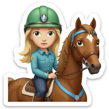 una ragazza bionda con occhi azzurri/verdi sopra un quarter horse con criniera marrone sticker