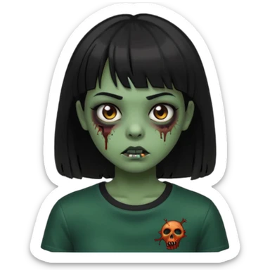 Zombie girl emoji verde escuro com cabelo curto liso preto no ombro e franja na altura da sobrancelha com uma blusa preta, olhos castanhos escuros sticker