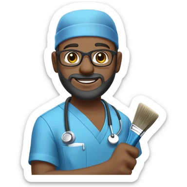 male dark blond haired doctor in scrub cap with grey van dyke beard with hazel eyes and small wire-rimmed glasses in blue scrubs holding a large paintbrush sticker