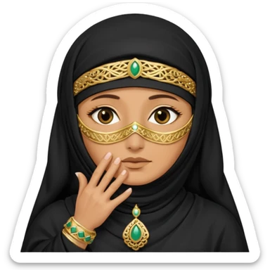 an old emirati women wearing traditional cloths covers her face with burg'a a;; the cloths and burqa'a are black sticker