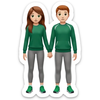 full-length couple, girl with long brown hair and hazel eyes in green sweater, boy with auburn hair in sportswear sticker