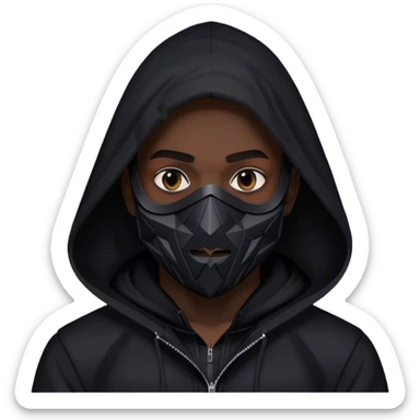 man with black hooded jacket and a full black full-face geometric mask sticker