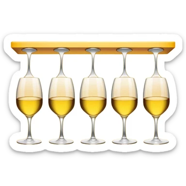 A row of hanging wine glasses upside-down under a yellow light shelf
 sticker
