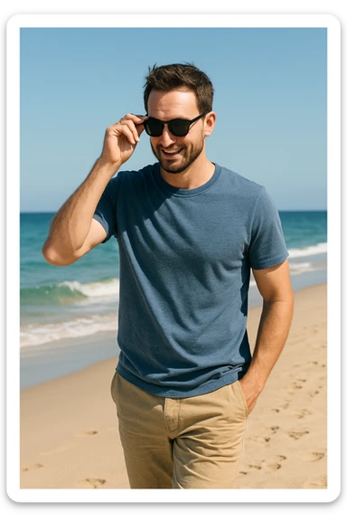 uomo passeggia a mare e si mette gli occhiali da sole sticker