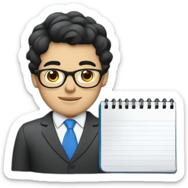 Businessman with black hair, blue with glasses and notebook sticker