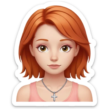 Auburn ginger haired girl with eyelashes wearing a cross necklace and a light coral pink tank top sticker