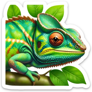 giant-chameleon-realistic emoji,-blending-with-vibrant-greenery.-detailed-scales-in-shifting-colors,-showing-the-chameleon’s-ability-to-camouflage.-soft-natural-light-highlights-its-texture.-nature-background, zoomed into its face sticker