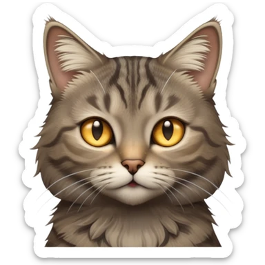 cinematic-[grey brown tabby cat]-realistic-emoji,-head-tilted-dramatically,-scruffy-[grey]-fur,-simplified-yet-realistic-focused-features,-highly-detailed,-glowing-with-an-almost-sarcastic-glow sticker