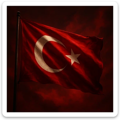 A powerful and artistic Turkish flag waving in the wind, dramatic red background, white crescent and star clearly visible, majestic and symbolic, high detail, realistic lighting, slightly cinematic atmosphere. sticker