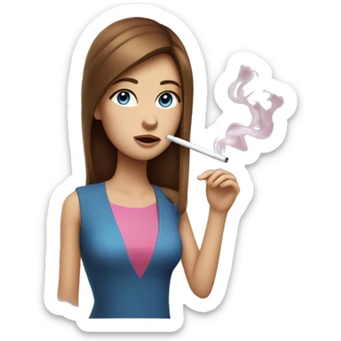 A girl with brown straight hair and blue eyes, smoking pink cigarette sticker