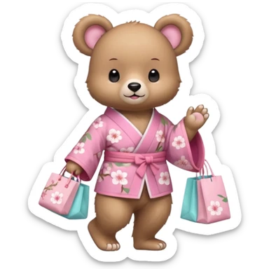 A cute baby bear character in pastel style, standing upright like a human. 
Light brown soft fur, large round ears, rounded paws and feet. 
Wearing a pink kimono with soft cherry blossom patterns on the sleeves and bottom, Holding a cute pastel shopping bag with one paw, walking pose. sticker