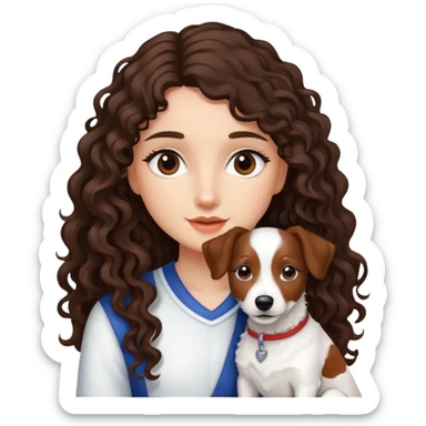 A girl whit dark brown long curly hair and a jack russel sticker