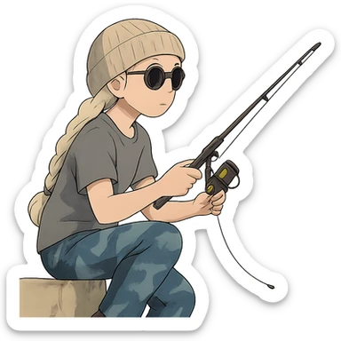 1 female, long white braid, knit cap, dark sunglasses, GRAY T-SHIRT, blue camo pants, KNEELING AND FISHING WITH A TRAVEL FISHING POLE OVER THE LEDGE sticker