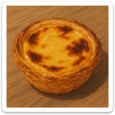 realistic illustration of a typical Portuguese pastry, pastel de nata, golden custard tart in a flaky crust, ghibli style sticker