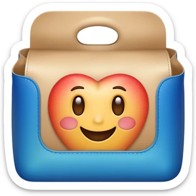 modern feed bag emoji, blue gradient, rectangular with rounded edges, top open with beige grains, curved line for volume, white label with black border and grain icon (circle with dot), Apple emoji style sticker