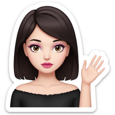 my hair is dark brown almost black, reaching my waist. the haircut is wolfcut, pretty lasher hut not thick. slightly pink lips. sticker