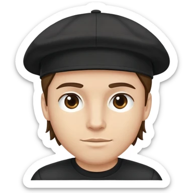 a white bro with brunette hair, wearing a black cap and a black shirt sticker