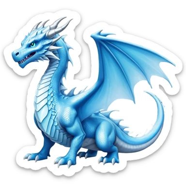 Cinematic Noble wise elegant Ice Dragon full body  Emoji, Poised and imposing, distinct long elegant snout, with a slender, scaled body shimmering in glacial hues of icy blue, frostbitten silver, and crystalline white, breathing out frost, with piercing, glowing ice blue white eyes that radiate the chilling depths of an arctic storm; rendered in detail. excuding wisdom sticker